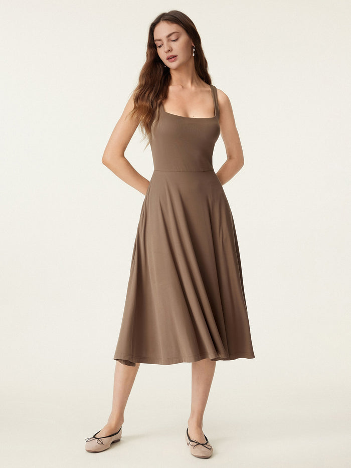 Square Neck Flowy New Airy Bra Midi Dress