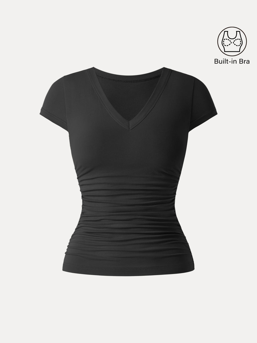 Elevated V-neck Side Ruched Cap Sleeve Bra Tee