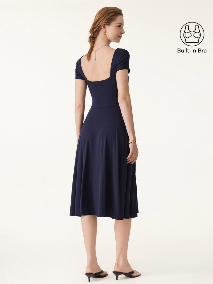 Flowy Square Neck Short Sleeve Midi Bra Dress