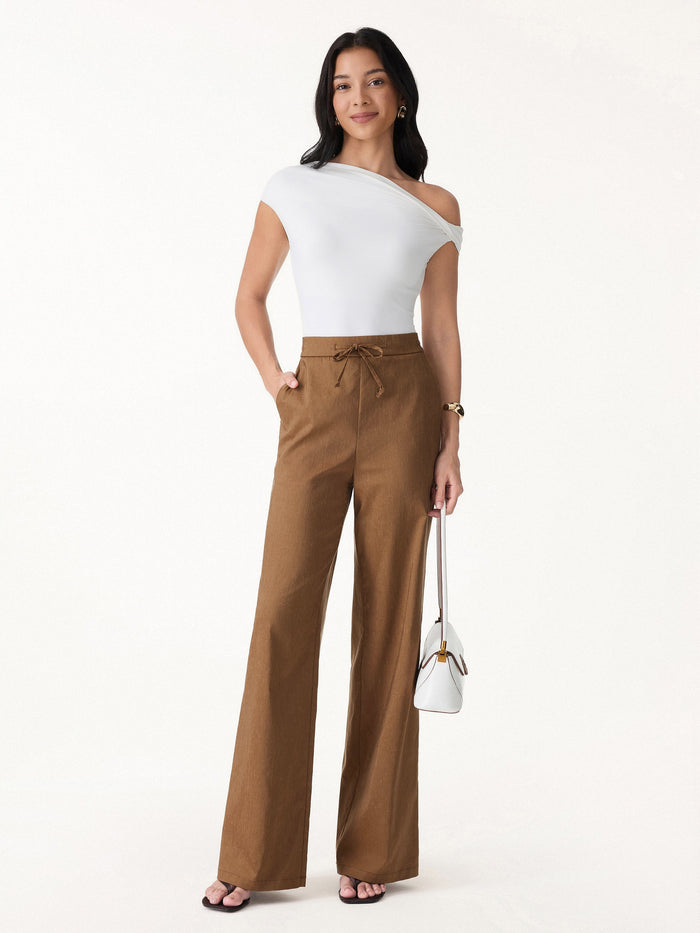 Wrinkle-Resistant Linen Drawstring Wide Leg Pant with Pockets
