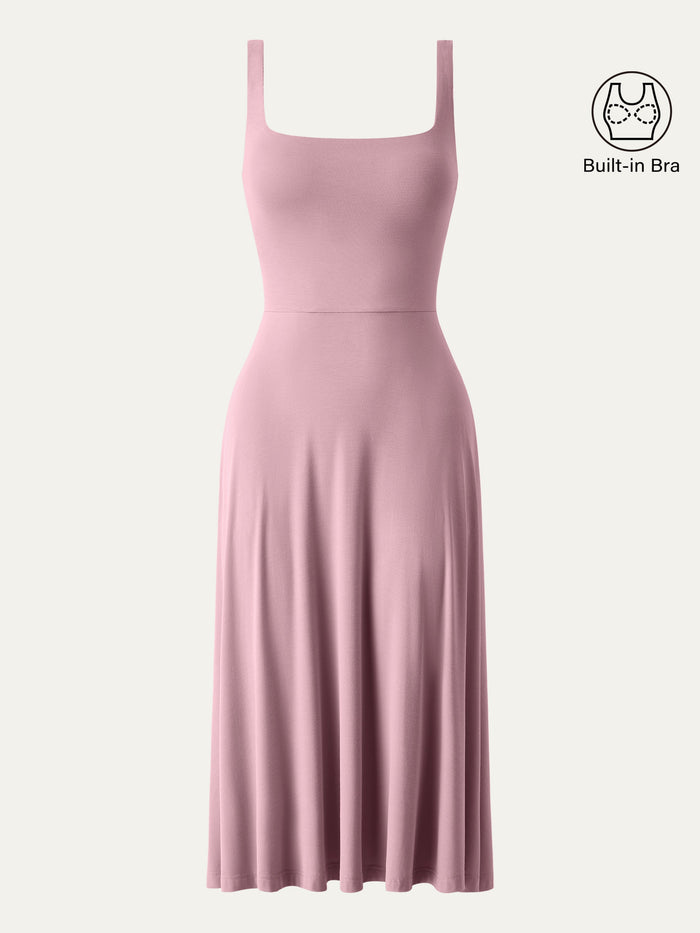 Square Neck Flowy New Airy Bra Midi Dress