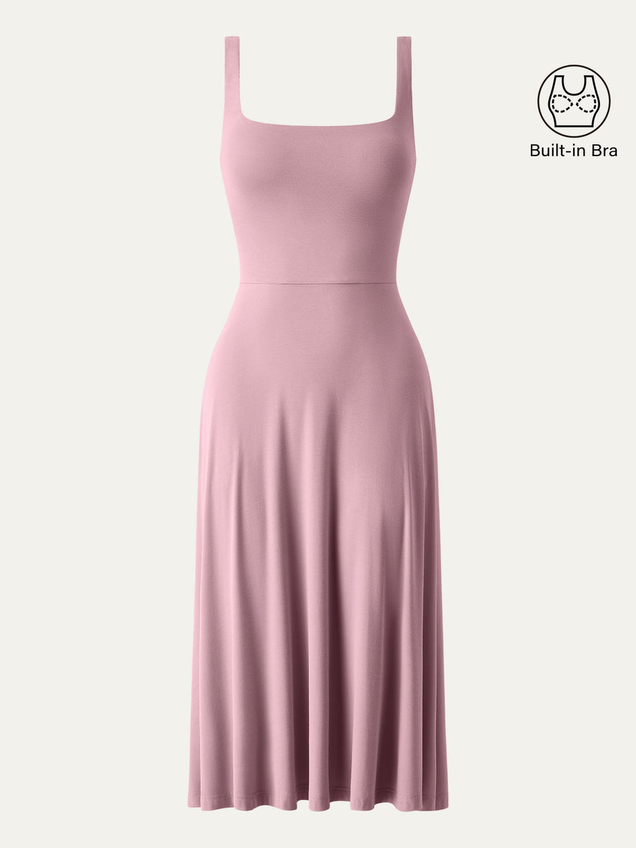 Square Neck Flowy New Airy Bra Midi Dress