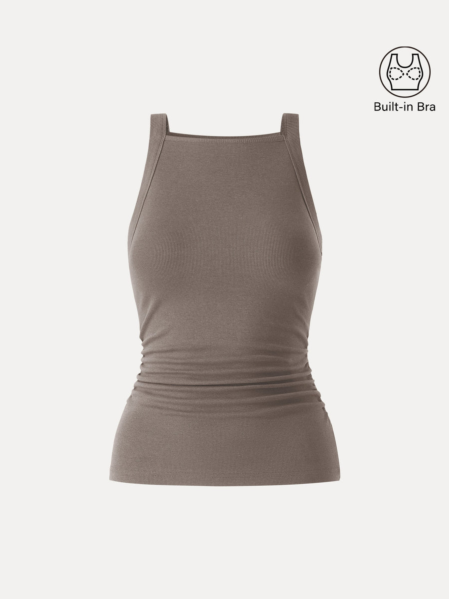 Plantive Chic Square Neck Ruched Rib Bra Tank