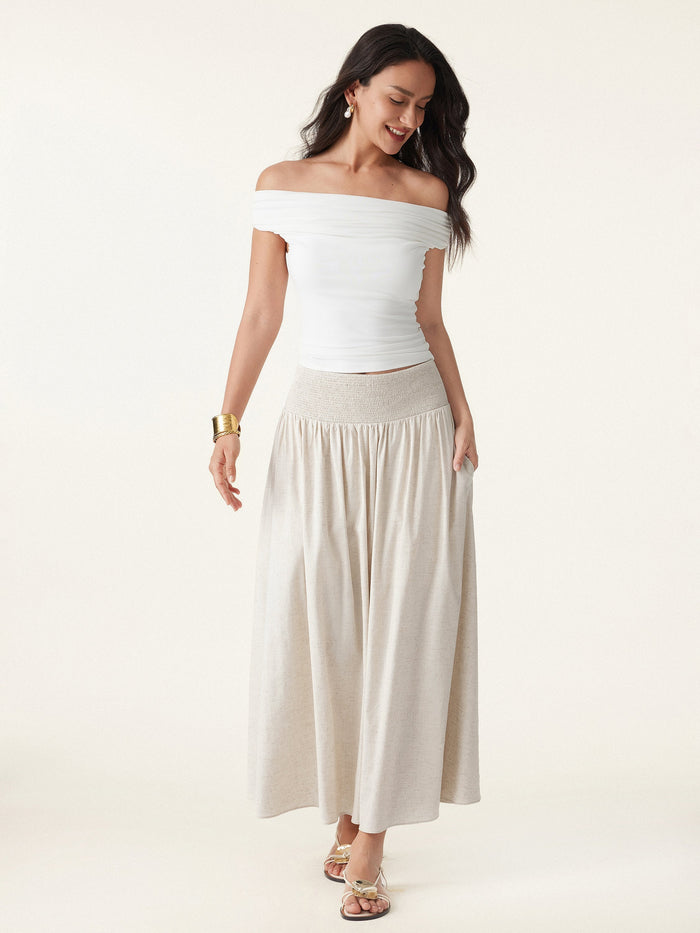 European Linen Smocked Waist Skirt with Pockets