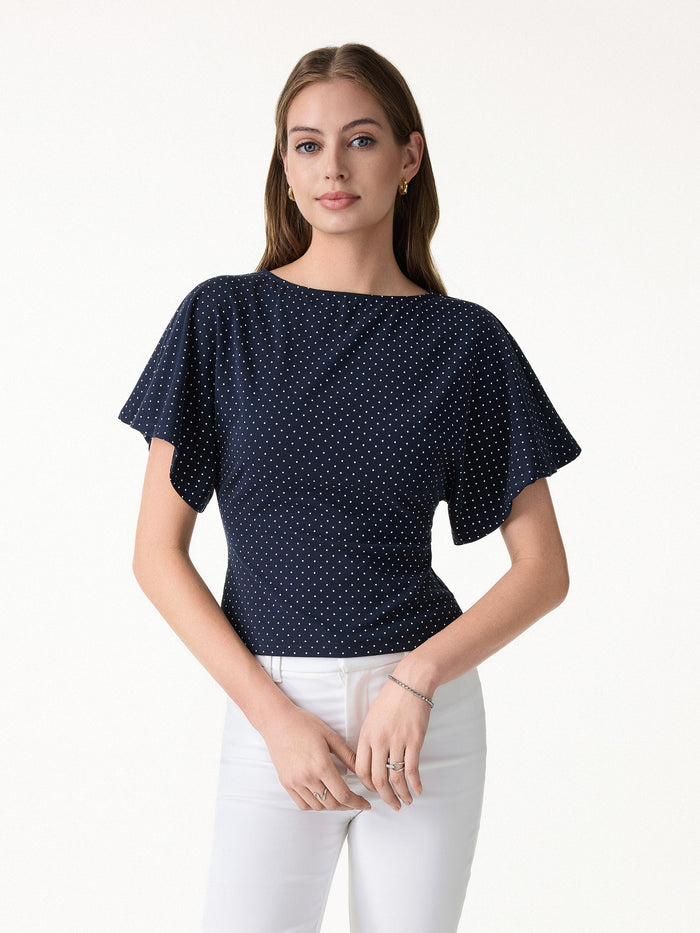 Soft Stretch Cotton Boatneck Flutter Sleeves Polka Dot Top Limited Edition