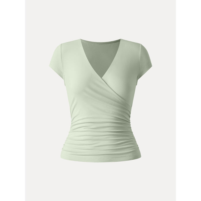 Surplice Cap Sleeve Side Ruched Fitted Tee
