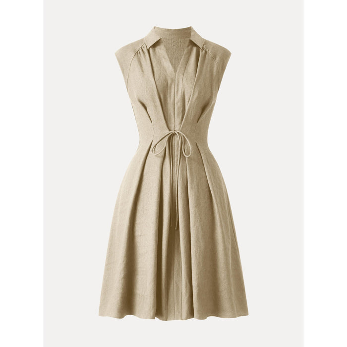 Viscose-Linen Collared V-neck Midi Dress with Drawstring