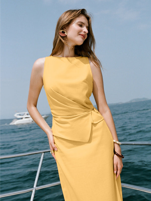 2Pcs Set Boatneck Waist-Defined Top & Maxi Flared Pull-On Skirt