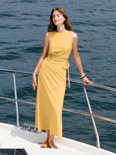 2Pcs Set Boatneck Waist-Defined Top & Maxi Flared Pull-On Skirt