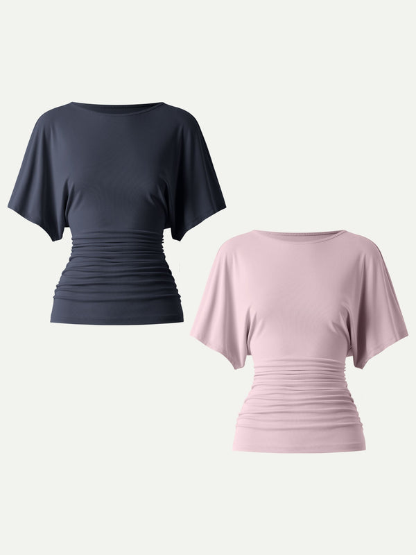 Effortless Boatneck Batwing Sleeve Side Ruched Top