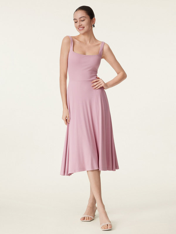 Square Neck Flowy New Airy Bra Midi Dress