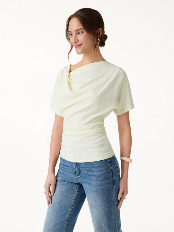 Asymmetrical Cowl Neck Ruched Top