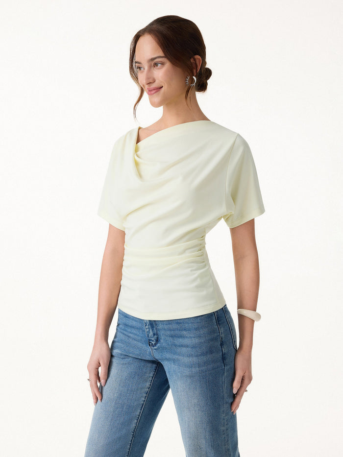 Asymmetrical Cowl Neck Ruched Top