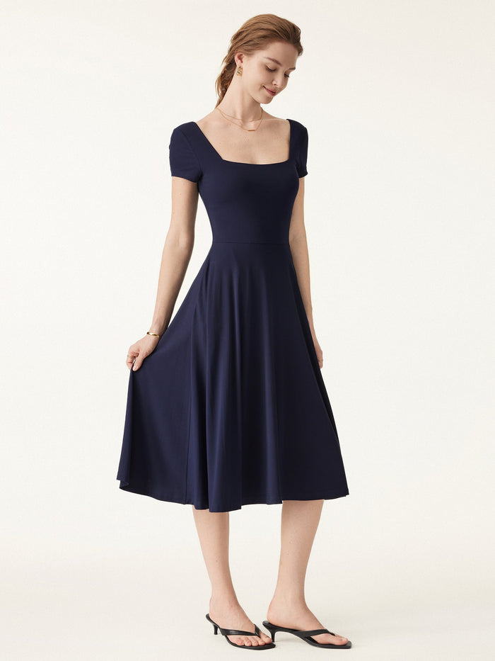 Flowy Square Neck Short Sleeve Midi Bra Dress