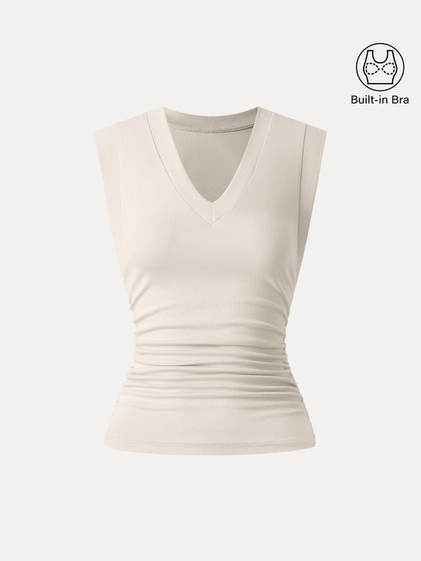 Stretch Cotton V-neck Side Ruched Muscle Bra Top