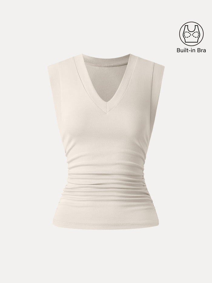 Stretch Cotton V-neck Side Ruched Muscle Bra Top