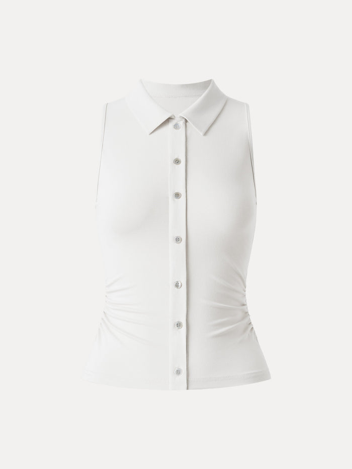 Collared Faux Button Placket Side Ruched Vest Top