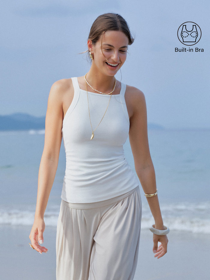 Plantive Chic Square Neck Ruched Rib Bra Tank