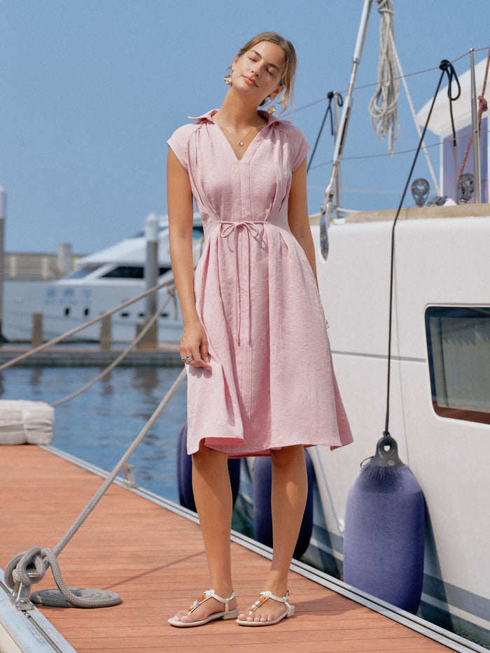 Viscose-Linen Collared V-neck Midi Dress with Drawstring