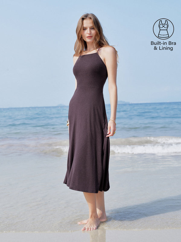 Soft Linen Knit Spaghetti Midi Bra Dress