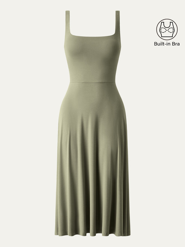 Square Neck Flowy New Airy Bra Midi Dress