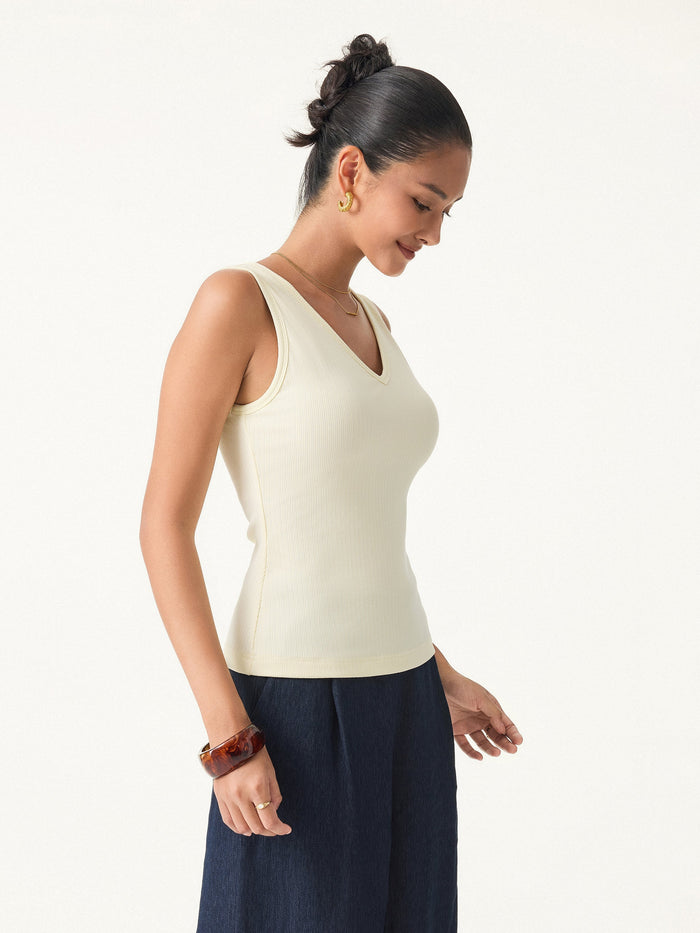 Stretch Cotton Pointelle V-neck Sleeveless Bra Tank