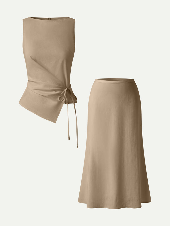 2Pcs Set Boatneck Waist-Defined Top & Maxi Flared Pull-On Skirt