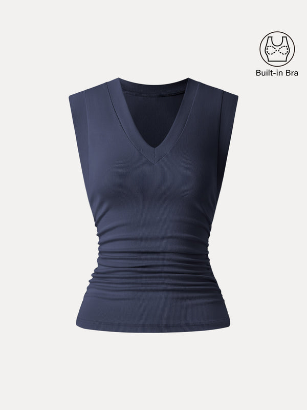 Stretch Cotton V-neck Side Ruched Muscle Bra Top