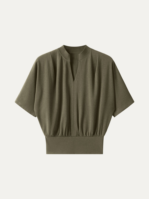 Stand Collar V-Neck Short Sleeve Top