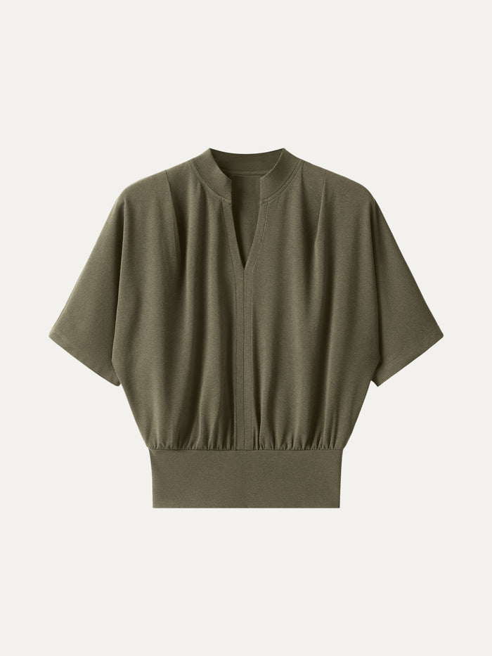 Stand Collar V-Neck Short Sleeve Top