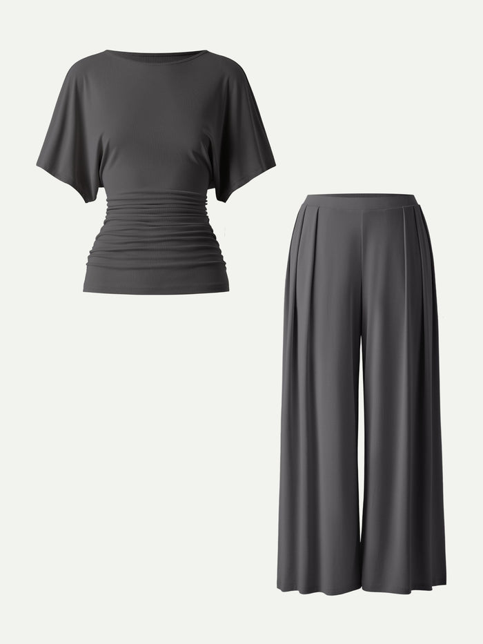 2Pcs Set Boatneck Batwing Sleeve Top & Wide Leg Palazzo Pant with Pockets