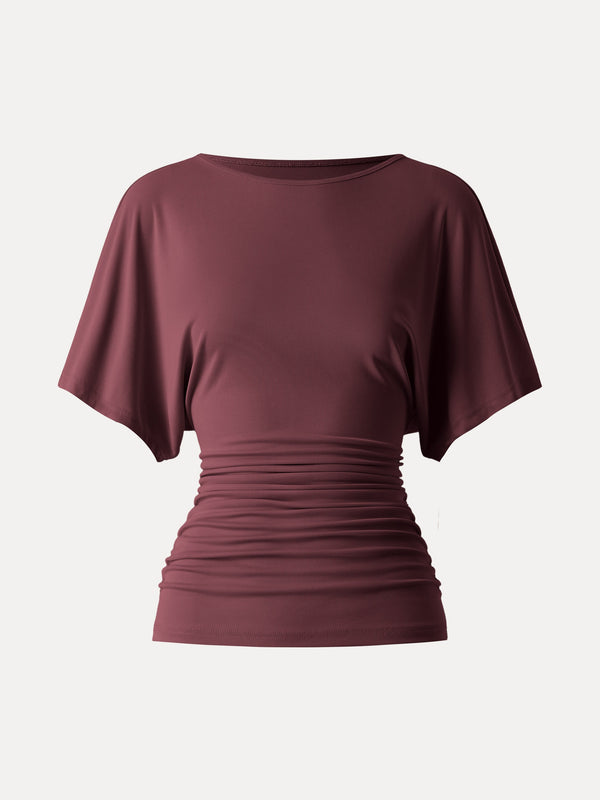 Effortless Boatneck Batwing Sleeve Side Ruched Top