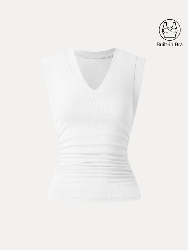 Stretch Cotton V-neck Side Ruched Muscle Bra Top