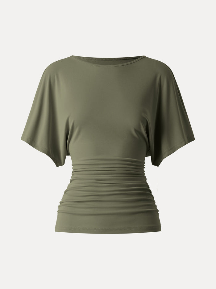 Effortless Boatneck Batwing Sleeve Side Ruched Top