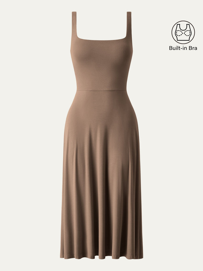 Square Neck Flowy New Airy Bra Midi Dress