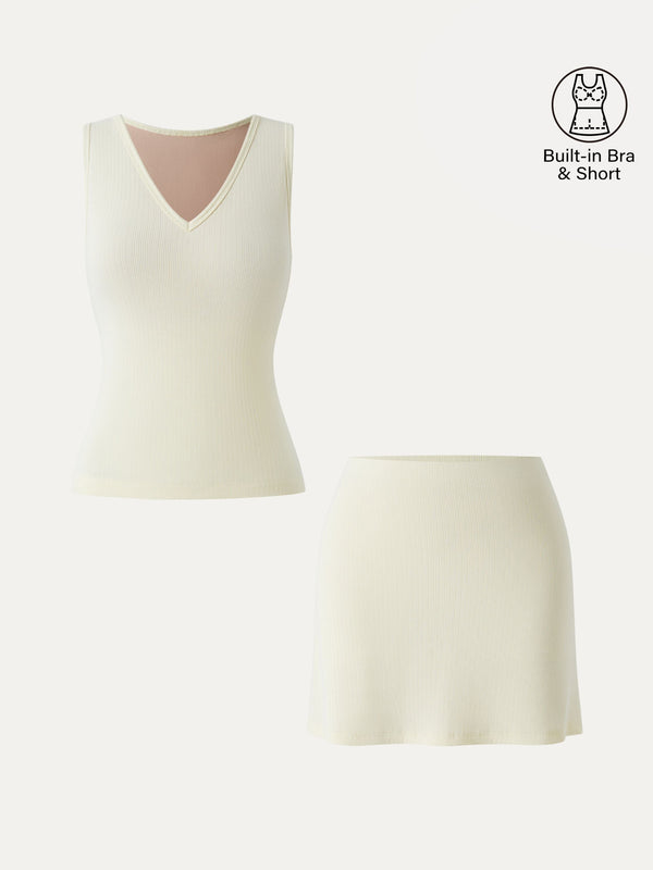 2Pcs Set V-neck Sleeveless Bra Tank & A-line Mini Skirt with Built-in Shorts