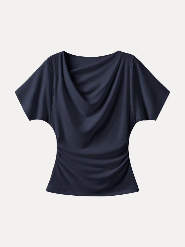 Asymmetrical Cowl Neck Ruched Top