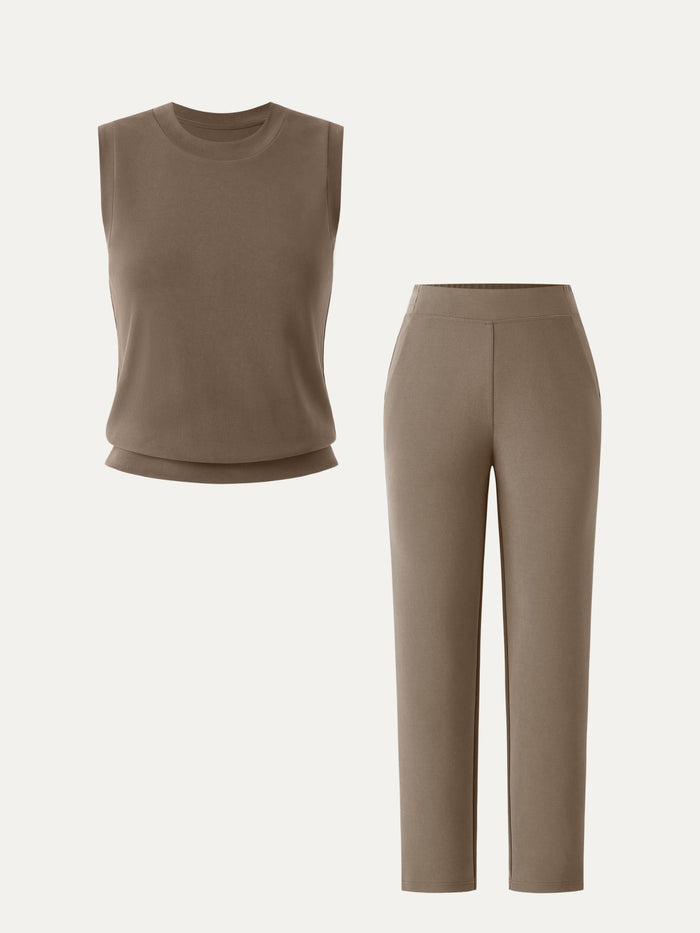 2Pcs Set Crewneck Tee & Mid Rise Tapered with Pockets