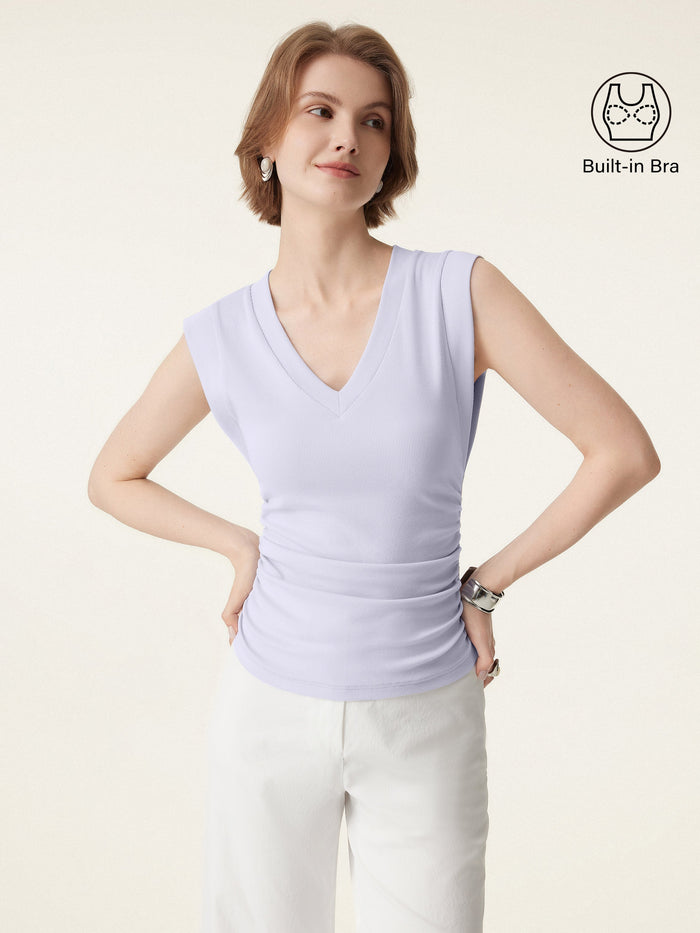 Stretch Cotton V-neck Side Ruched Muscle Bra Top
