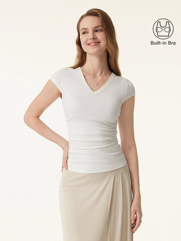 Elevated V-neck Side Ruched Cap Sleeve Bra Tee
