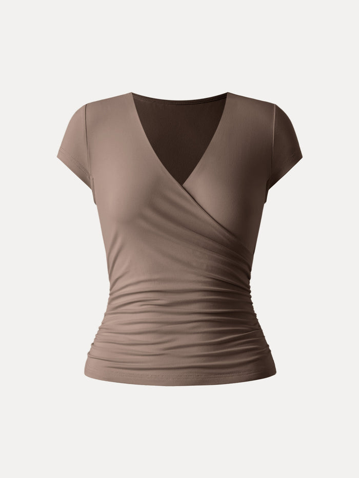 Surplice Cap Sleeve Side Ruched Fitted Tee