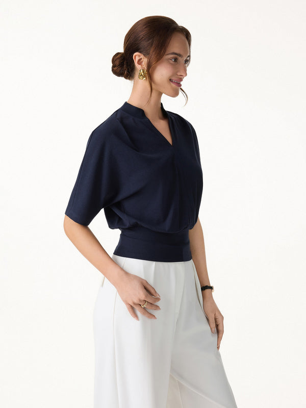 Stand Collar V-Neck Short Sleeve Top