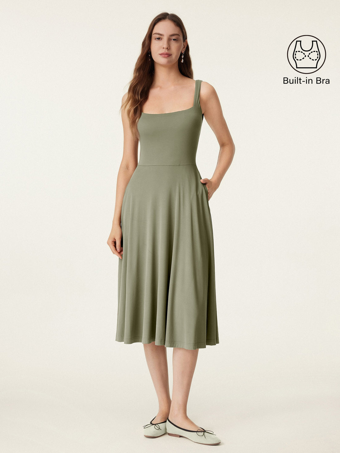 Square Neck Flowy New Airy Bra Midi Dress