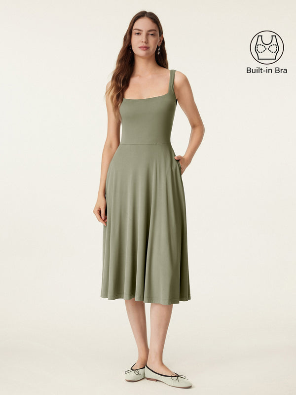 Square Neck Flowy New Airy Bra Midi Dress