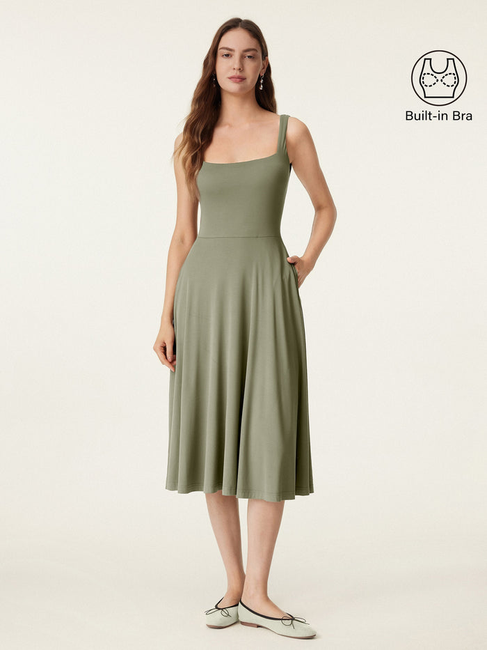 Square Neck Flowy New Airy Bra Midi Dress