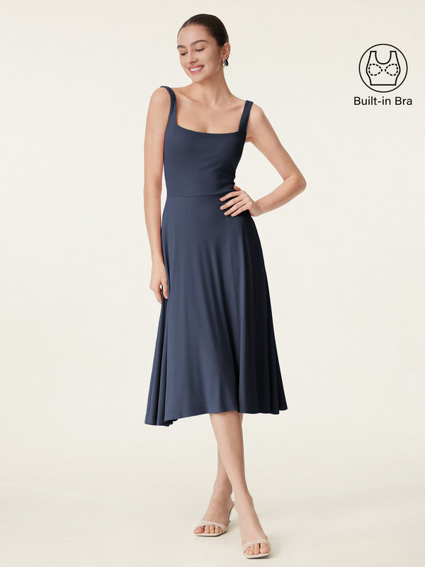 Square Neck Flowy New Airy Bra Midi Dress