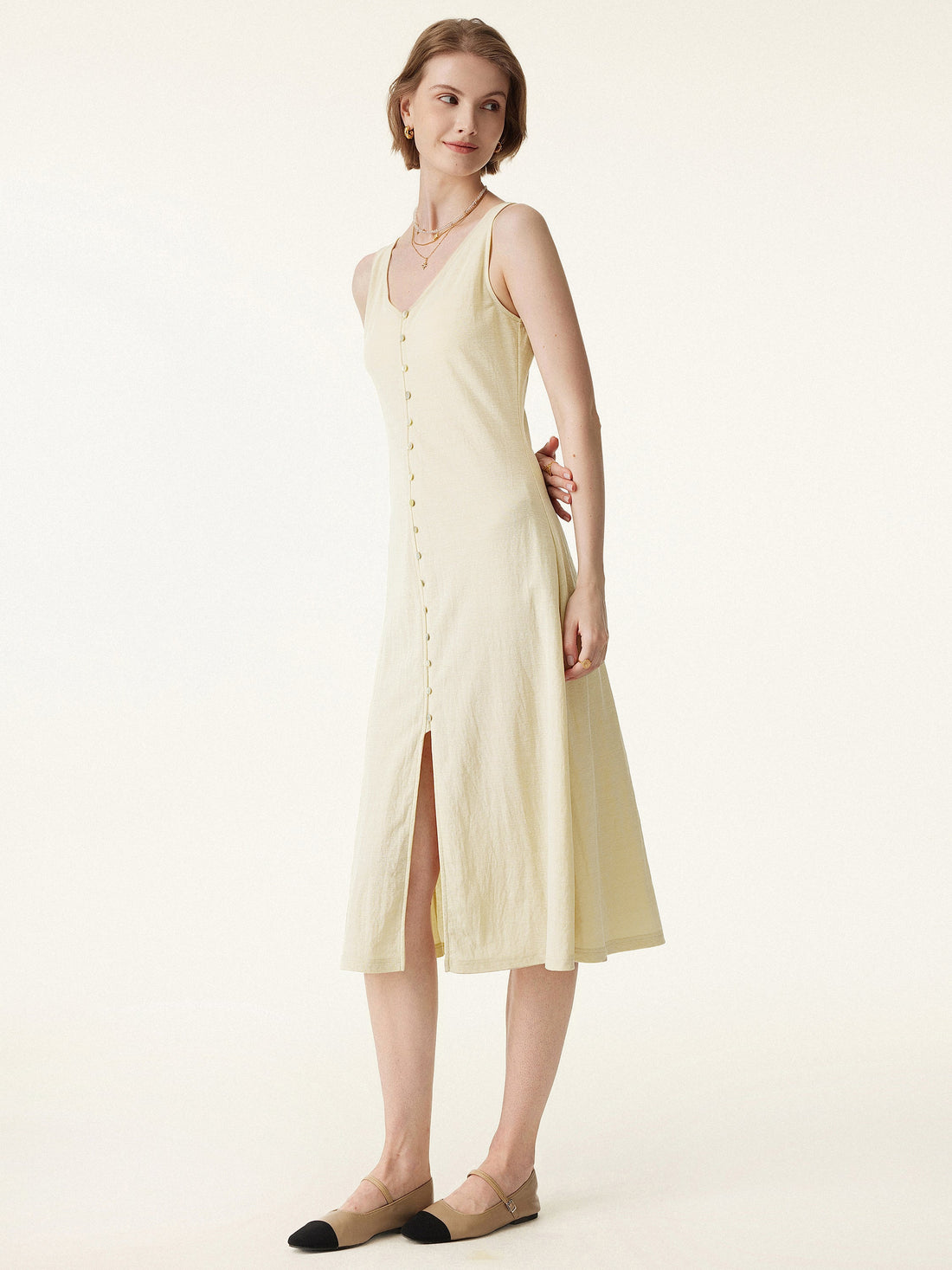 2Pcs Set V-neck Button Front Midi Vest Dress & Mid Rise Straight Leg Pant