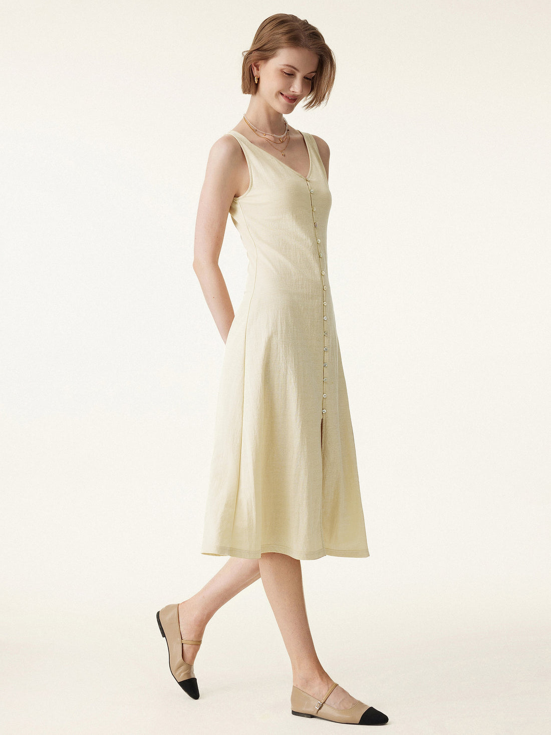Multi-wear V-neck Button Front Midi Vest Dress
