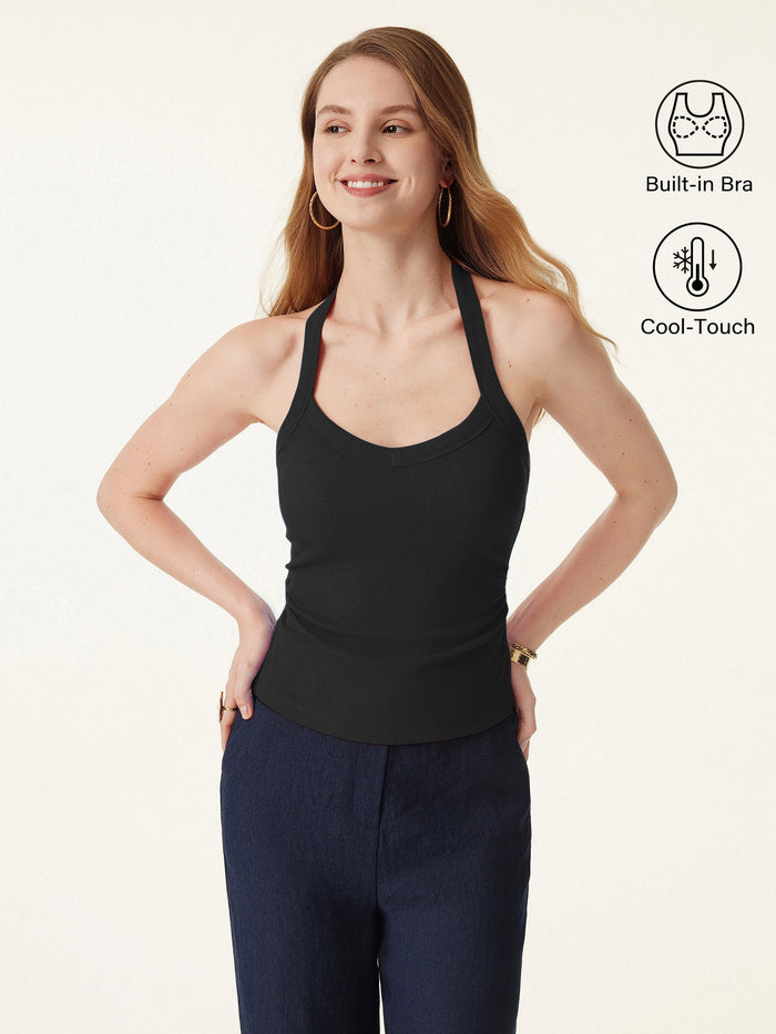 Halter Neck Side Ruched Ribbed Bra Tank