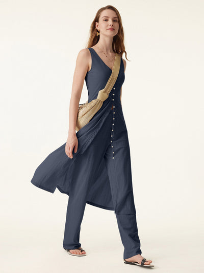 2Pcs Set V-neck Button Front Midi Vest Dress & Mid Rise Straight Leg Pant